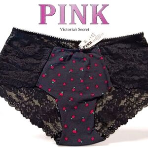 VS PINK Seamless Cheeky Panty Red & Black print with lace Size Medium NWT